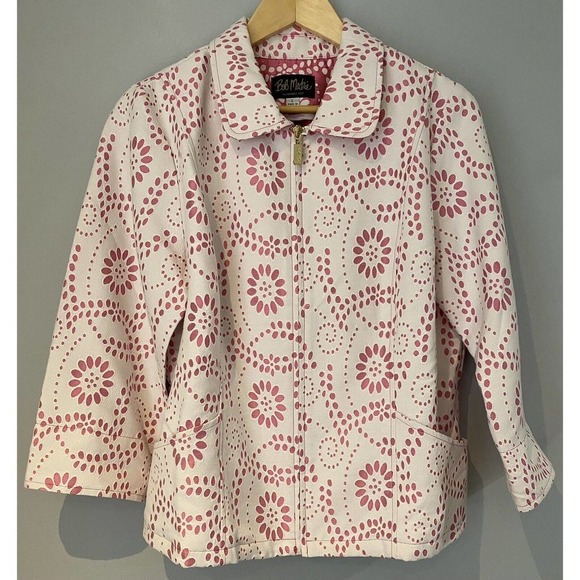 Bob Mackie Wearable Art Floral Eyelet Jacket Women's L Collared Full Zip Preppy - Picture 2 of 8